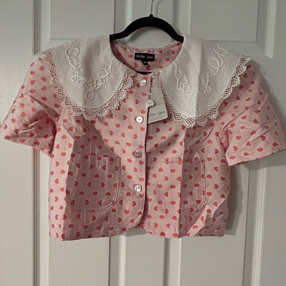Sister Jane Pink Heart Blouse with Lace Detail